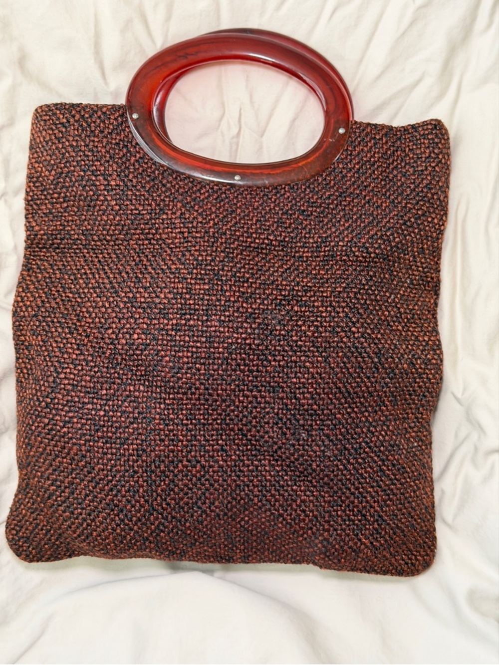 Vintage 60s Tweed Woven Knit Tote with Oval Lucite Handles - Brown/Black